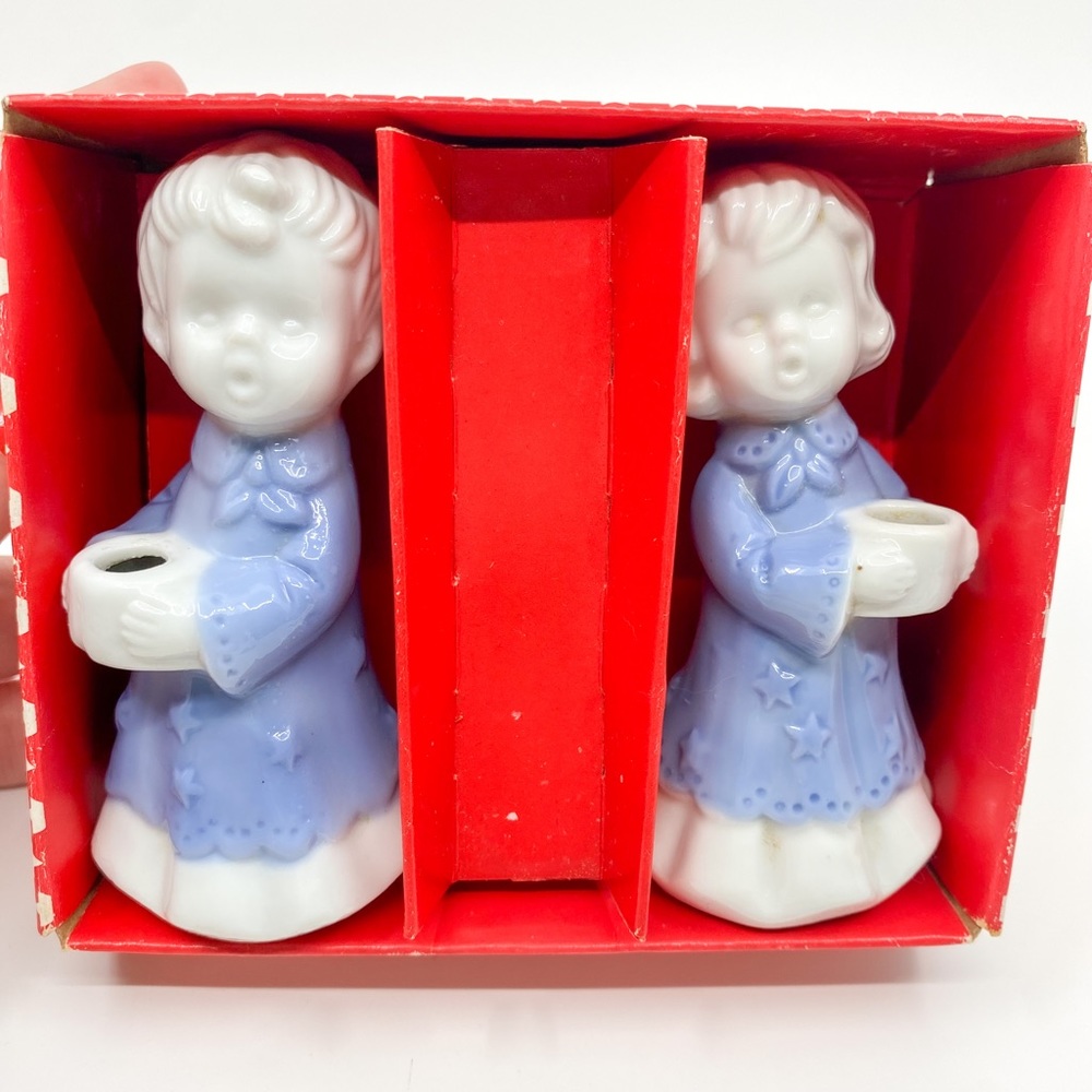 Vintage Blue & White Porcelain Angel Candle Holder Set w/ Original Box Taiwan